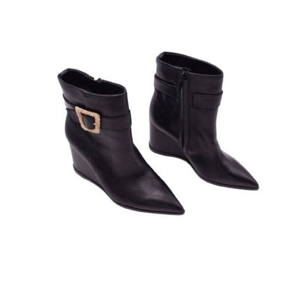NEW SAM EDELMAN Weslie Buckle Wedge Bootie In Black Size 6.5 Pointed Toe - Picture 1 of 8